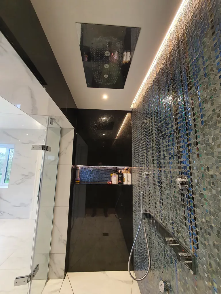 Beautiful mosaic grey/green shower tiles