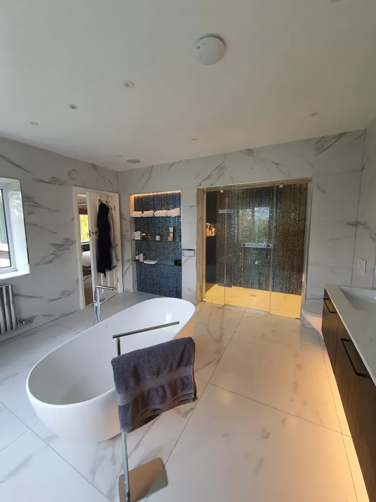 Marble bathroom with freestanding bath