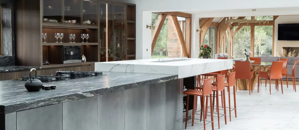 large modern kitchen with grey/white marble island worktop
